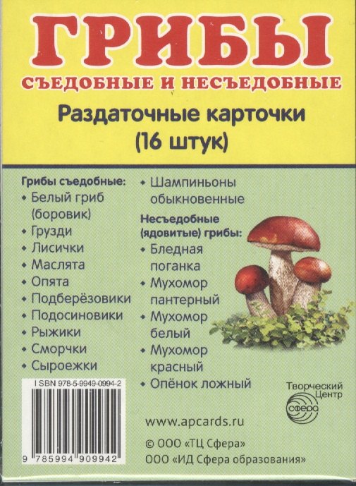 Грибы съедобные и несъедобные. 16 раздаточных карточек с текстом цветкова т в грибы съедобные и несъедобные 16 демонстрационных картинок с текстом