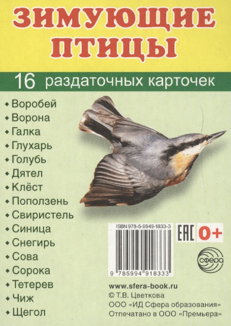 Зимующие птицы. 16 раздаточных карточек с текстом на русском и английском языках