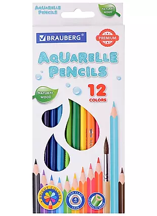 Карандаши цветные Brauberg, Premium Aquarelle, акварельные 12 цветов с мягким грифелем 4 мм — 2937151 — 1