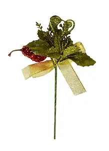 Букетик в пакете с подвесом, зеленый цветок с красной грушей с зелеными ветками и бантом (11-0