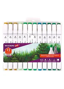 Маркеры для скетчинга 12цв двусторонние, цвета леса, BRAUBERG ART DEBUT "WHITE"