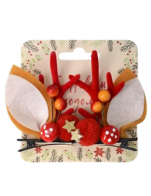 Заколки новогодние Рожки олененка с ушками и ягодами (2шт) (текстиль) (12-6142-HNY20) 3104406