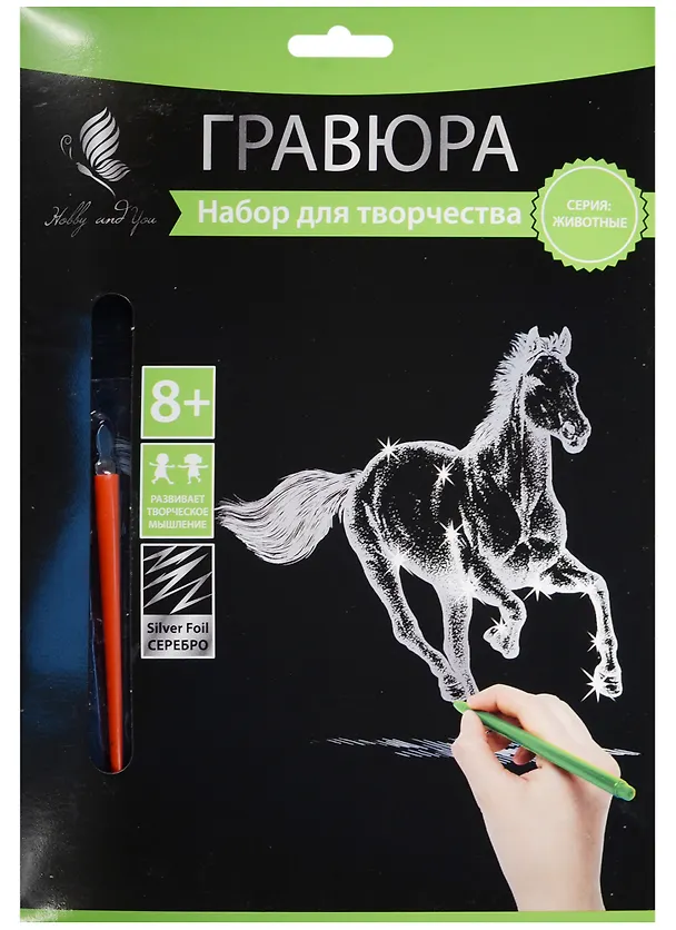 Набор д/творч. Гравюра серебро Конь (HY340001124s) (18х24 см)(8+) (Hobby and you) 2569771 — 1