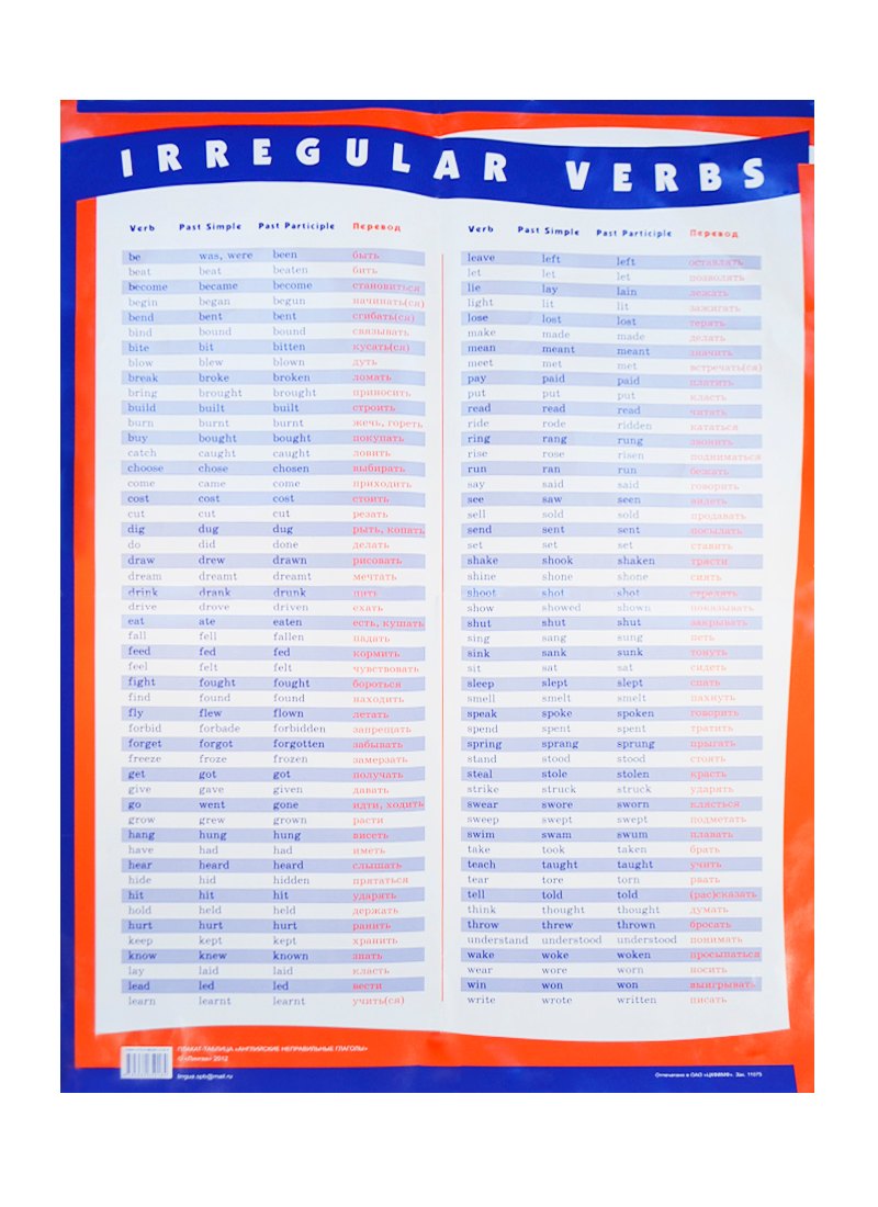 

Плакат-таблица "Английские неправильные глаголы". Irregular verbs