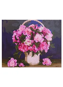 Алмазная мозаика на подрамнике "Нежные пионы в светлой корзине", 30 х 40 см