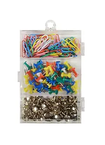 Набор канцелярский: скрепки 60шт.цв.винил, кнопки гвоздики 50 шт., кнопки силовые 150 шт.бел.металл