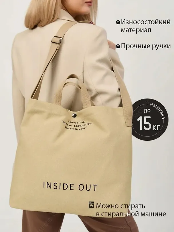 Сумка-шоппер с кнопкой Inside out (бежевая) (текстиль) (40х38) 3100915 — 8