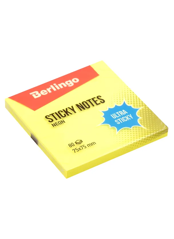 Блок бумаги 75*75 самоклеящийся желтый неон 80л, "Ultra Sticky", Berlingo 2975132 — 1
