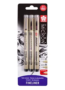 Набор капиллярных ручек Pigma Micron 3шт (0.25мм 0.45мм + Ручка Pigma Brush) цвет черный, Sakura