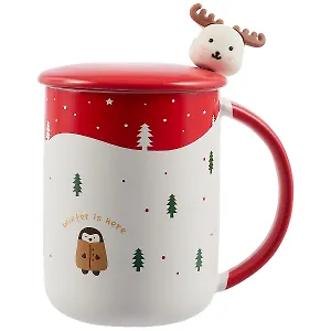 Кружка с крышкой и ложкой "Новогодние зверюшки и елочки", 450 мл