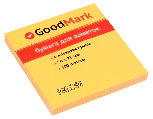 Блок бумаги 76*76 самоклеящийся оранжевый неон 100л, GoodMark 2969295 — 1