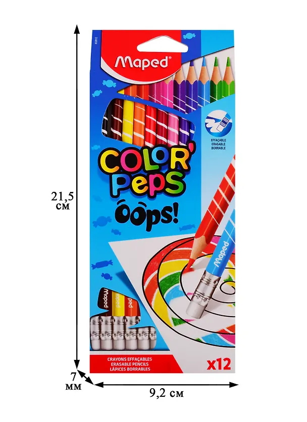 Карандаши цветные Maped, Color'Peps Oops, 12 цветов с ластиком 254036 — 2