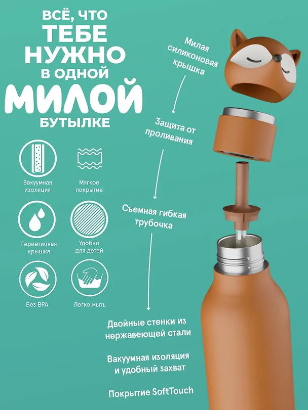 Бутылка для холодных и горячих напитков Asobu Bestie Лиса (460мл) (69767) 3140822 — 5