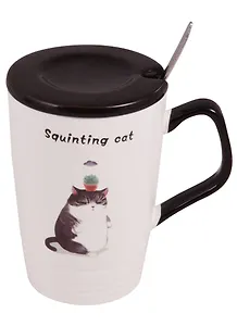 Кружка с крышкой и ложкой Кот Эмоции 330мл (керамика) 12-16509-CC92-1