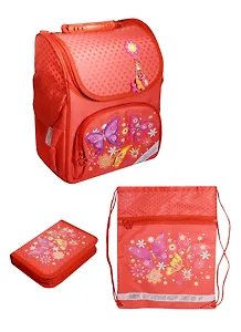 Ранец школьный "БАБОЧКИ НА КРАСНОМ" 35*26*15 в наборе: пенал б/наполнения, мешок д/обуви, в подарочной коробке, Феникс