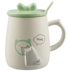 Кружка с крышкой и ложкой Котик и зеркало (керамика) (400мл) (12-07160-HY149)
