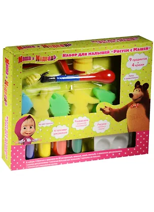 Набор для малышей Рисуем с Машей (31073) (в наборе: баночки с красками по 20 мл - 4 шт., спонжики для рисования - 5 шт., роллер для рисования, кисточка большая для малышей, кисточка на пальчик, палитра для смешивания цветов) (3+) (Маша и Медведь) (eOne) 2557156