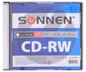 Диск CD-RW 700Mb 4-12x, пласт.пенал, 1шт, Sonnen