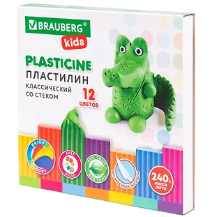 Пластилин 12цв 240гр "KIDS" стек, BRAUBERG 2937269