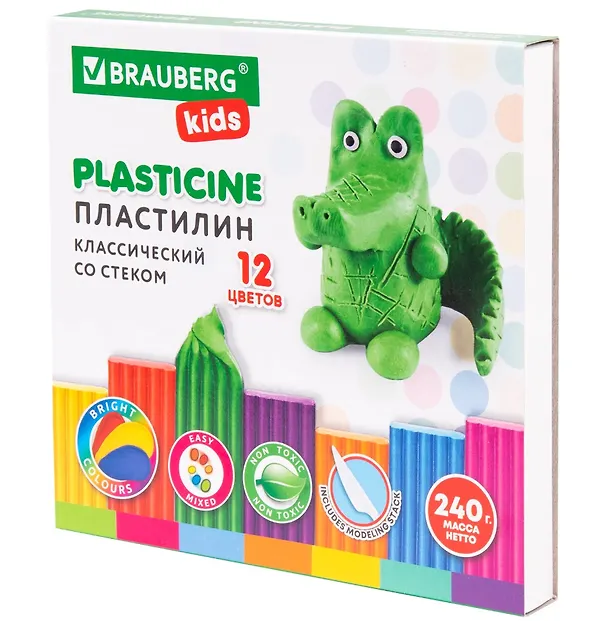 Пластилин 12цв 240гр "KIDS" стек, BRAUBERG 2937269 — 1