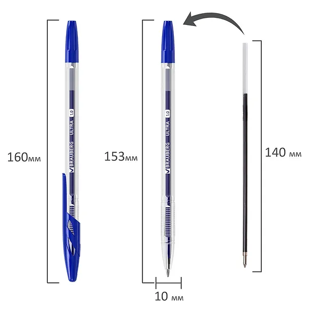 Шариковая ручка синяя 1 мм, Ultra, Brauberg 2937283 — 10