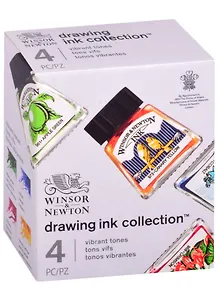 Тушь художественная 4 цв по 14мл (кобальт, желтый солнечный, зеленое яблоко, кармин),  к/к, Winsor&Newton