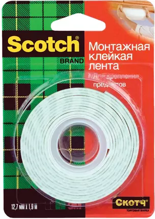 Лента клейкая 12мм*1,9м двухсторон, на вспенен.основе, блистер, подвес, Scotch 3M — 224645 — 1