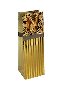 Пакет подарочный бумажный 12*39*9 "Узоры и полосы желтый металлик", бутылочный, мат. ламинат, Хансибэг