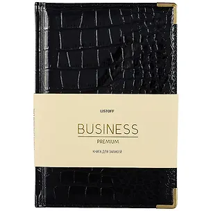 Книга для записей А5 80л "BUSINESS PREMIUM. Grand croco (черный)" иск.кожа, поролон, тв.переплет, мет.уголки, золот.срез, 2 ляссе, инд.уп. 262423