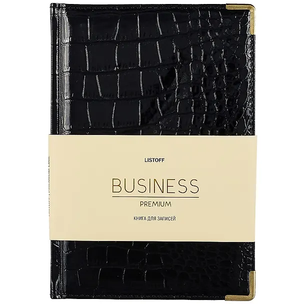 Книга для записей А5 80л "BUSINESS PREMIUM. Grand croco (черный)" иск.кожа, поролон, тв.переплет, мет.уголки, золот.срез, 2 ляссе, инд.уп. 262423 — 1