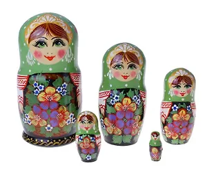 Матрешка художественная 5 кукольная №60 зеленая с цветами 17*8*8 см (675653)