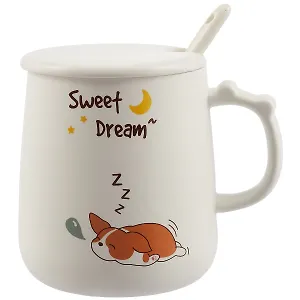 Кружка с крышкой и ложкой Корги (керамика) (500мл) (12-07057-JY3194)