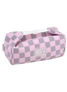 Косметичка с ремешками на кнопке Makes Me Happy (розовая) (клетчатый узор) (ПВХ) (21х9х7)