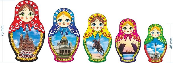 Сувенир, АКМ, Набор магнитов металл./пластик. "Матрешки Санкт-Петербург" (5шт.) в блист. 02-34 307626 — 1