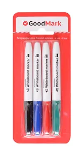 Маркеры для доски 4 цвета 4мм, тонкий корпус, блистер, Goodmark
