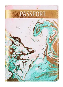 Обложка для паспорта Мрамор розовый с бирюзовым (золото)(кожа) (ПВХ бокс) (ОК2020-24)