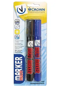 Маркеры перманентные 02цв (черн, синий), 1-2мм, пл/уп, подвес, CROWN