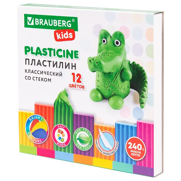 Пластилин 12цв 240гр "KIDS" стек, BRAUBERG 2937269 — 2