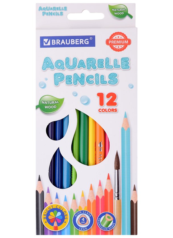 Карандаши цветные Brauberg, Premium Aquarelle, акварельные 12 цветов с мягким грифелем 4 мм 2937151 — 1