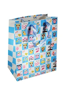 Пакет подарочный бумажный А4 26*32*12 "Совы. Owls", голубые квадраты, мат. ламинат, Хансибэг