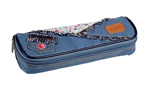 Пенал-косметичка прямоугольный 1отд. 21,5*7,5*4см полиэстер, вставки из ткани, бахрома, аппликация, накладной карман, серо-голубой с цветочным рисунком, PROFF