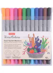 Маркеры для скетчинга Hatber, Terra Colora, 12 цветов, двусторонние линер/кисть на водной основе