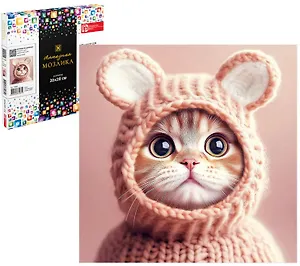 Алмазная мозаика "Котенок в шапочке" 20х20 см.