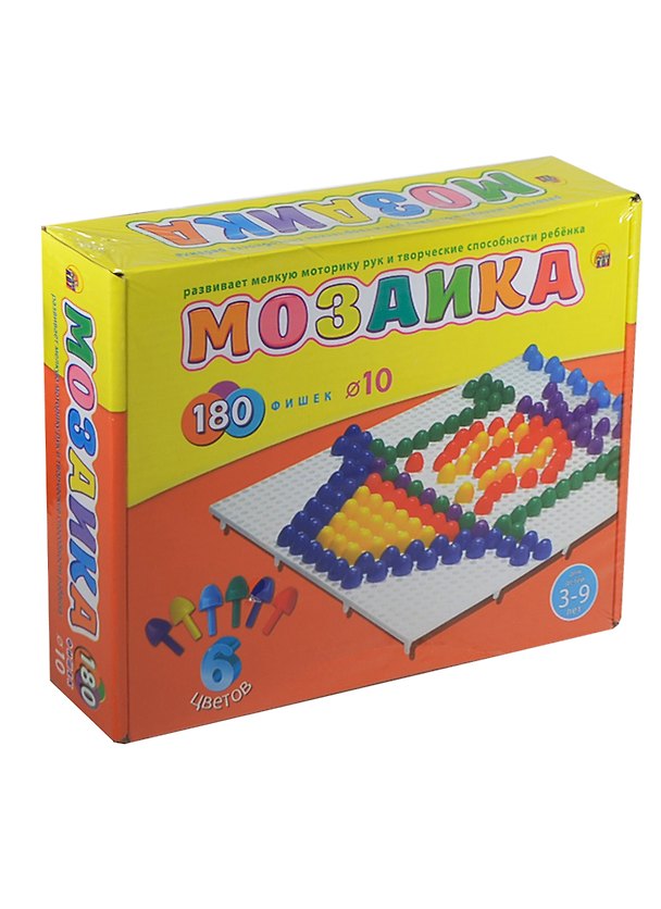 Мозаика пластиковая 180 фишек Диаметр 10мм (М-4336) (6цв.) (Рыжий кот) (3-9л.) 2416296 — 1