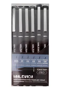 Ручки капиллярные черные 06шт "Graf'Art PRO" 005, 01, 02, 03, 05, 08, водостойкие, пвх-уп, подвес, Малевичъ
