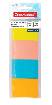 Закладки самоклеящиеся 38*51 4цв*50л неон, BRAUBERG 2937118