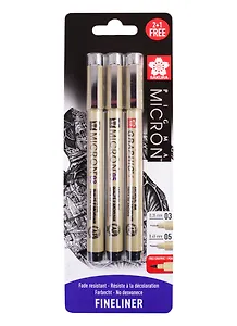 Набор капиллярных ручек Pigma Micron 3шт (0.35мм 0.45мм + graphic 1мм) , цвет черный, Sakura