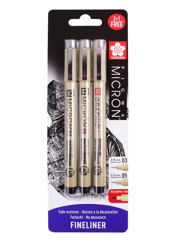 Набор капиллярных ручек Pigma Micron 3шт (0.35мм 0.45мм + graphic 1мм) , цвет черный, Sakura 257521 — 1