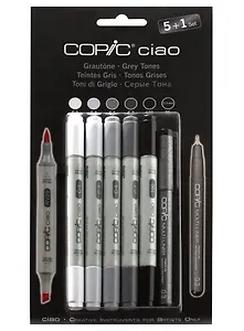 Набор маркеров Copic Ciao оттенки серого, 5 цветов + мультилинер 0.3 мм 