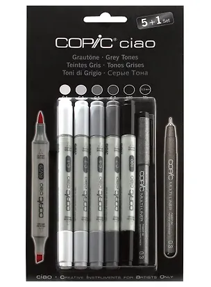 Набор маркеров Copic Ciao оттенки серого, 5 цветов + мультилинер 0.3 мм  259992